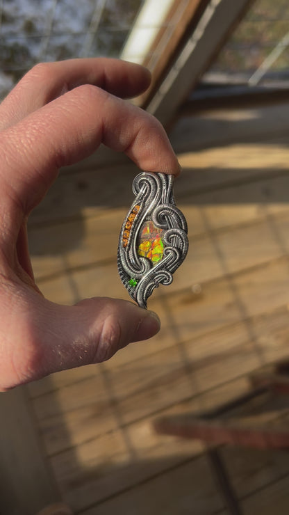 Stunning Ammolite Pendant // Orange and Green // Spessertine Garnets // Chrome Diopside // Festival Jewelry // Handmade Wire Wrap // Oxidize