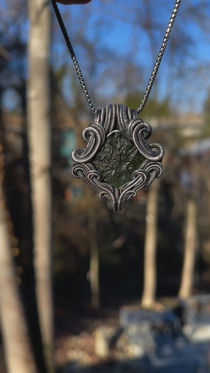 Moldavite Pendant // Symmetrical // Wire Wrap // Festival Jewelry // Moldavite Family // Oxidized Silved // Handmade Wire Art // Organic
