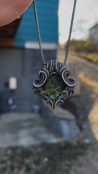 Moldavite Pendant // Symmetrical // Wire Wrap // Festival Jewelry // Moldavite Family // Oxidized Silved // Handmade Wire Art // Organic
