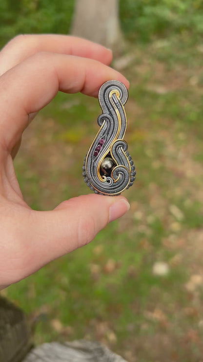 Tahitian Black Pearl // Malawi Purple Garnets // Mixed Metals // Festival Jewelry // Wire Wrapped Pendant // Oxidized Silver