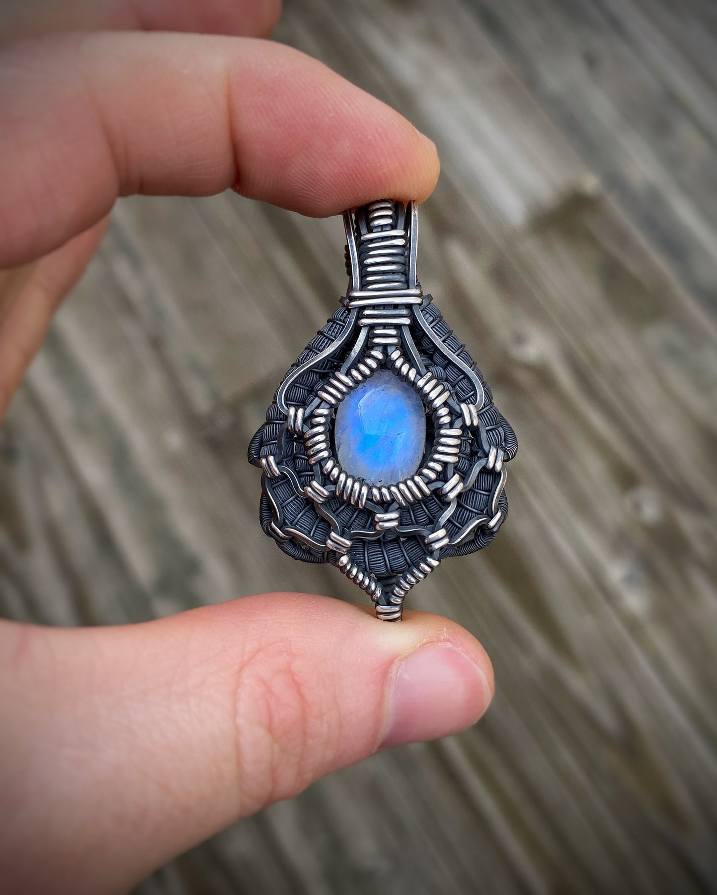 Moonstone // Moondala // Symmetrical // Oxidized Silver // Festival Jewelry // Wire Wrap // Handmade // Elegant // One of a Kind
