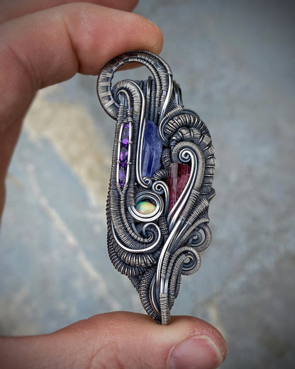 Purples // Wire Wrapped Pendant // Festival Jewelry // Wire Flow // Handmade // Sterling Silver // Tanzanite // Amethyst // Opal / Rubellite