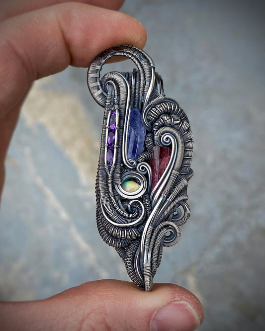 Purples // Wire Wrapped Pendant // Festival Jewelry // Wire Flow // Handmade // Sterling Silver // Tanzanite // Amethyst // Opal / Rubellite