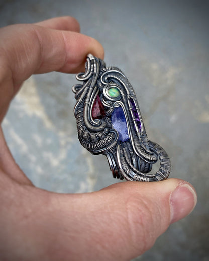 Purples // Wire Wrapped Pendant // Festival Jewelry // Wire Flow // Handmade // Sterling Silver // Tanzanite // Amethyst // Opal / Rubellite
