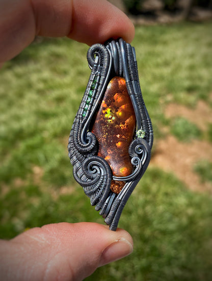 Fire Agate // Wire Wrap // Garnet // Festival Jewelry // Oxidized Silver // Pendant // Tsavorite // Handmade Wire Art // Sexy // Elegant