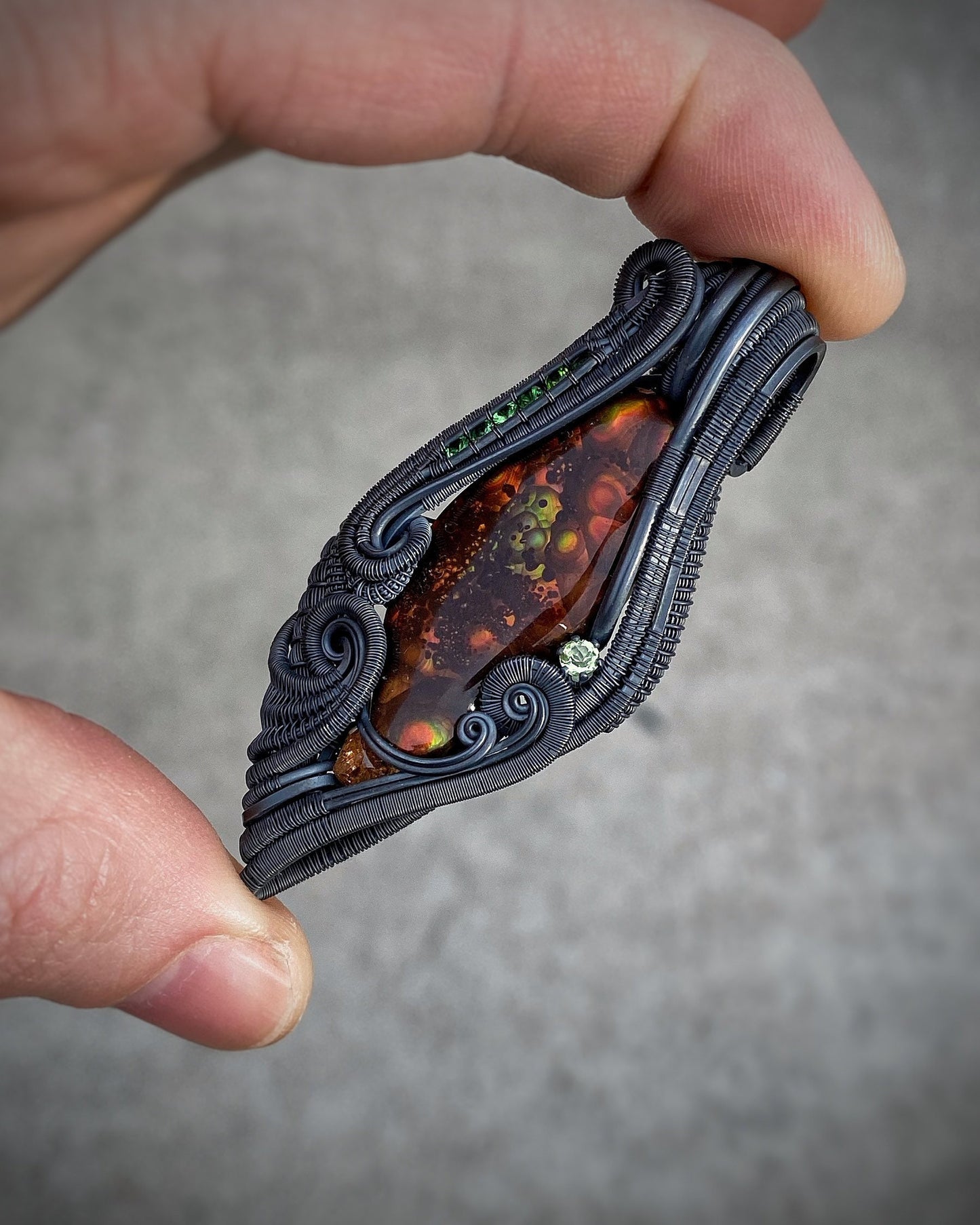 Fire Agate // Wire Wrap // Garnet // Festival Jewelry // Oxidized Silver // Pendant // Tsavorite // Handmade Wire Art // Sexy // Elegant