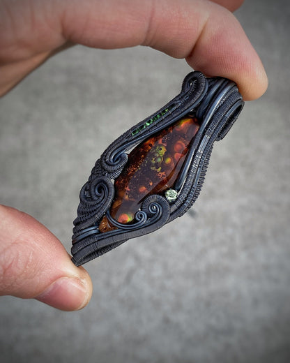 Fire Agate // Wire Wrap // Garnet // Festival Jewelry // Oxidized Silver // Pendant // Tsavorite // Handmade Wire Art // Sexy // Elegant