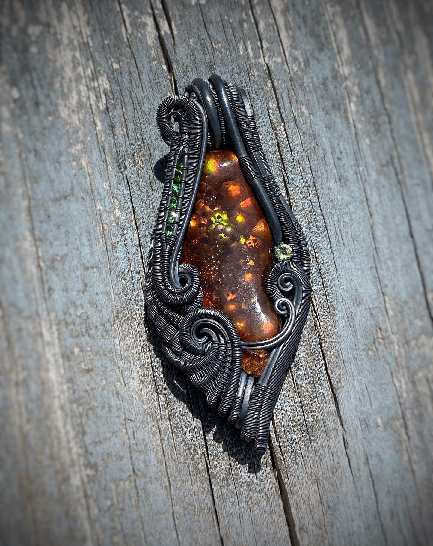 Fire Agate // Wire Wrap // Garnet // Festival Jewelry // Oxidized Silver // Pendant // Tsavorite // Handmade Wire Art // Sexy // Elegant
