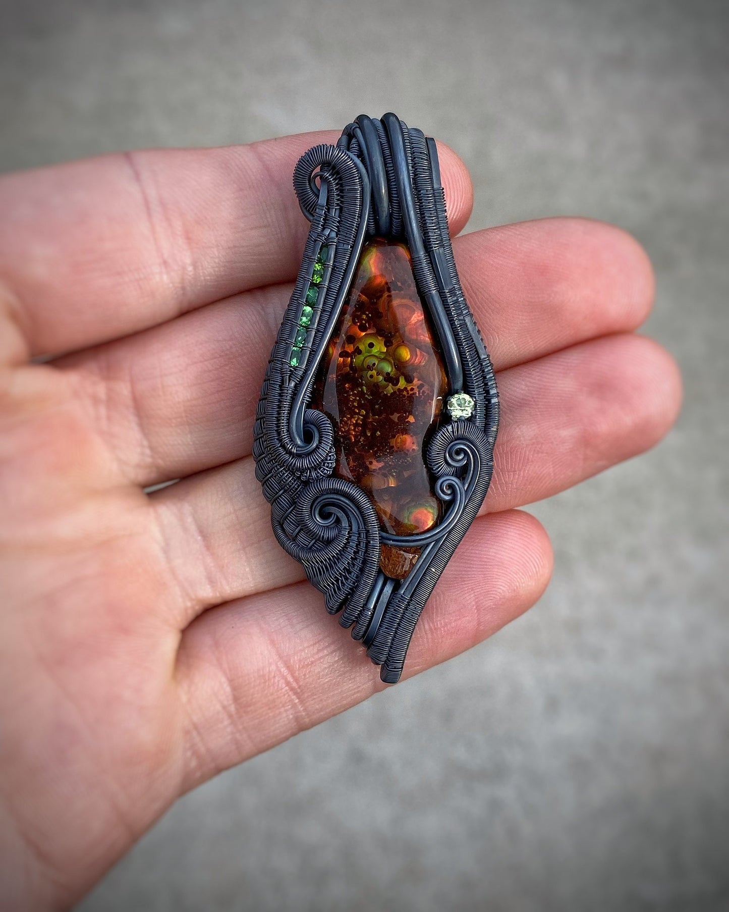 Fire Agate // Wire Wrap // Garnet // Festival Jewelry // Oxidized Silver // Pendant // Tsavorite // Handmade Wire Art // Sexy // Elegant