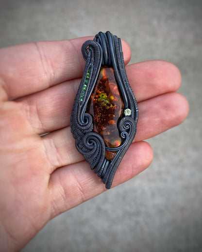 Fire Agate // Wire Wrap // Garnet // Festival Jewelry // Oxidized Silver // Pendant // Tsavorite // Handmade Wire Art // Sexy // Elegant