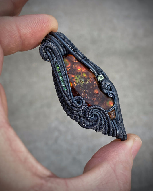 Fire Agate // Wire Wrap // Garnet // Festival Jewelry // Oxidized Silver // Pendant // Tsavorite // Handmade Wire Art // Sexy // Elegant