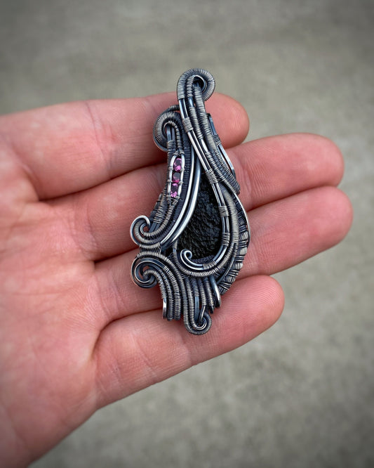 Whimsical Moldavite Pendant // Wire Wrap // Rhodolite Garnets // Festival Jewelry // Oxidized Silver // Handmade Wire Art // Wire Flow