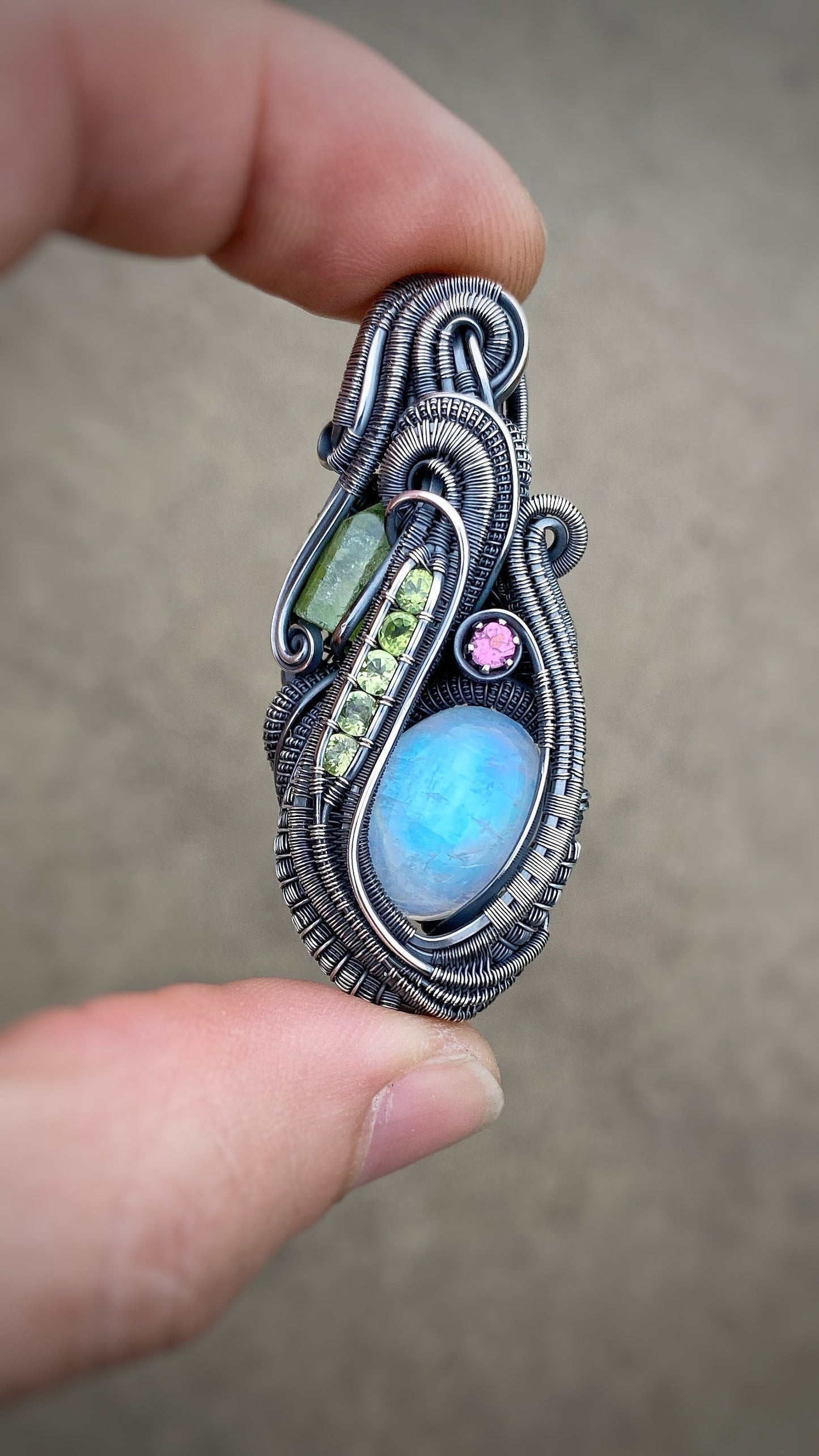 Moonstone // Peridot // Pink Tourmaline // Wire Wrap Pendant // Festival Jewelry // Sexy // Wire Flow // Handmade Art // Wearable