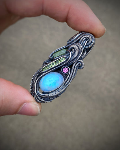 Moonstone // Peridot // Pink Tourmaline // Wire Wrap Pendant // Festival Jewelry // Sexy // Wire Flow // Handmade Art // Wearable