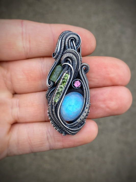 Moonstone // Peridot // Pink Tourmaline // Wire Wrap Pendant // Festival Jewelry // Sexy // Wire Flow // Handmade Art // Wearable