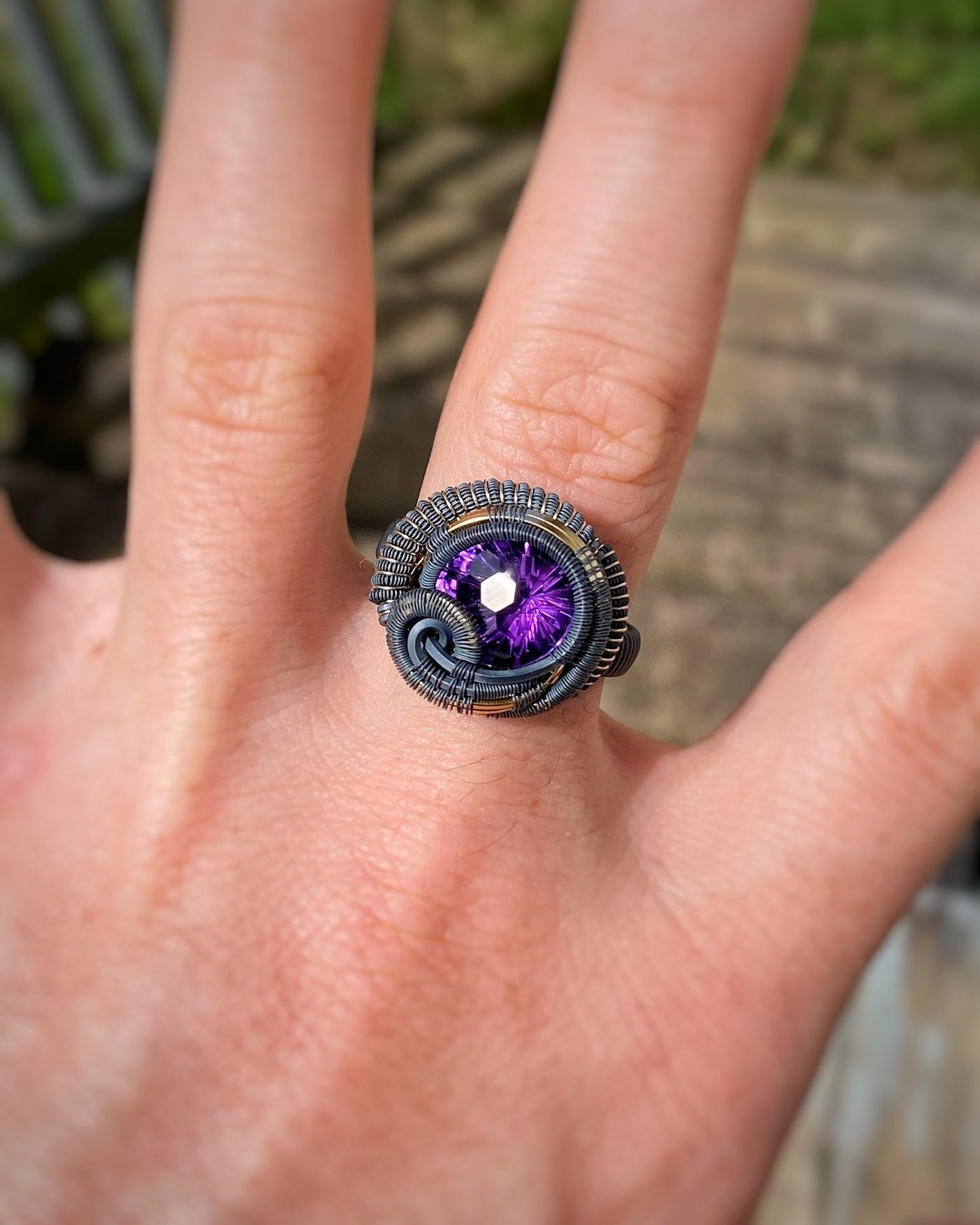 Amethyst Disco Ball Ring // Deep Purple // Size 10 // Oxidized Silver // Goldfill // Comfortable // Festival Jewelry // Handmade // Wire Art