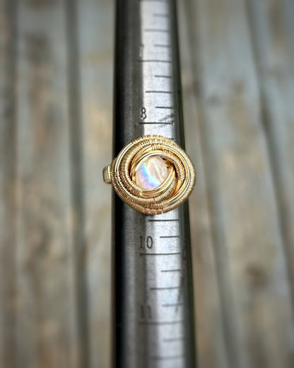 RAINBOW Moonstone // Wire Wrapped Ring // Size 9 // Gold Fill // Rainbowy // Festival Jewelry // Comfortable // Sexy // Handmade