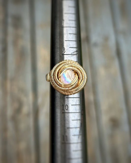 RAINBOW Moonstone // Wire Wrapped Ring // Size 9 // Gold Fill // Rainbowy // Festival Jewelry // Comfortable // Sexy // Handmade