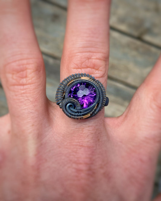 Amethyst Disco Ball Ring // Deep Purple // Size 10 // Oxidized Silver // Goldfill // Comfortable // Festival Jewelry // Handmade // Wire Art