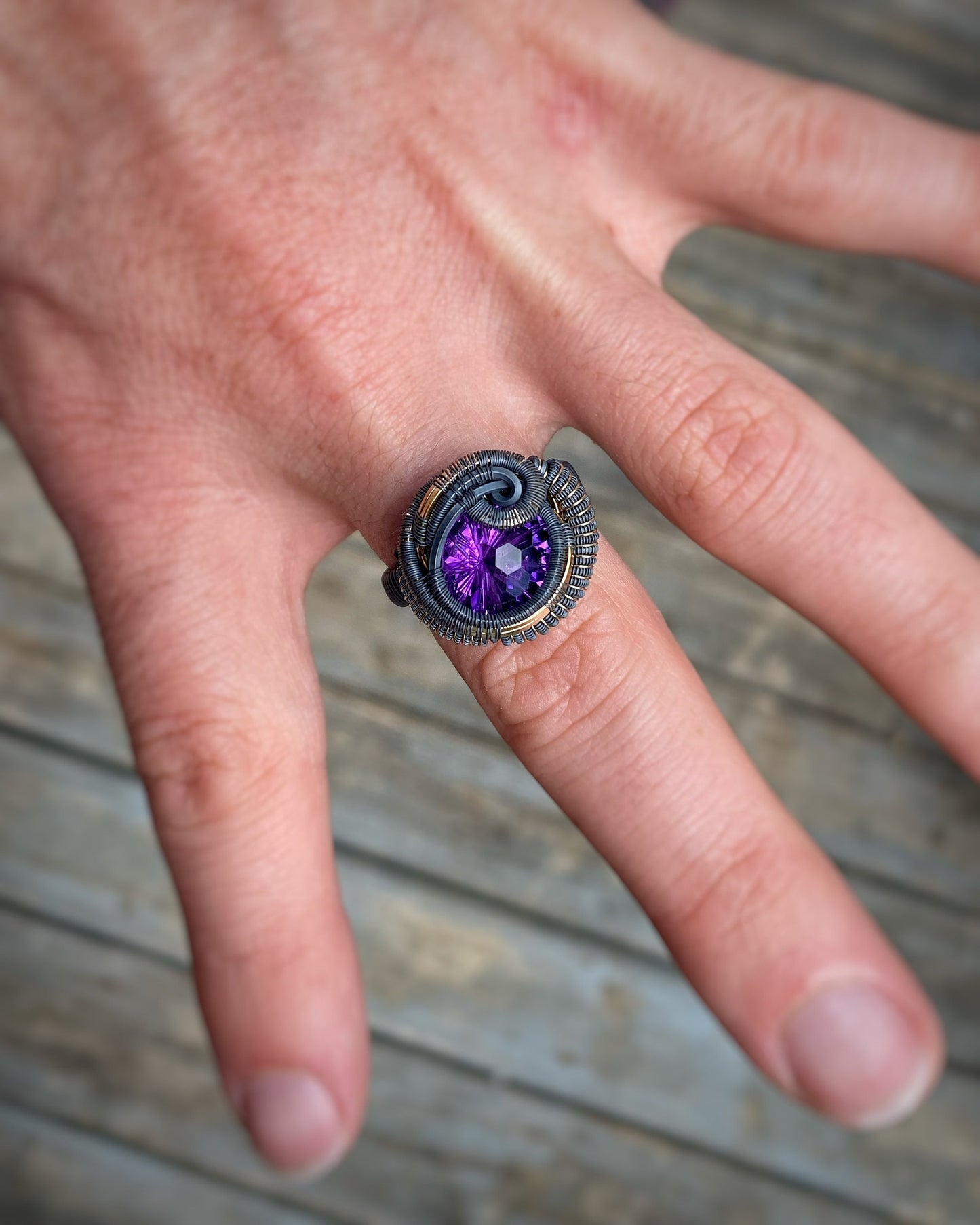 Amethyst Disco Ball Ring // Deep Purple // Size 10 // Oxidized Silver // Goldfill // Comfortable // Festival Jewelry // Handmade // Wire Art