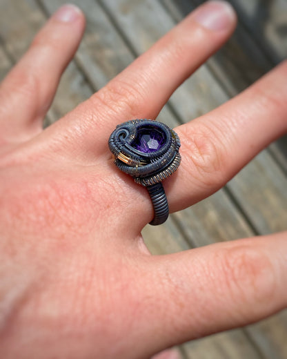 Amethyst Disco Ball Ring // Deep Purple // Size 10 // Oxidized Silver // Goldfill // Comfortable // Festival Jewelry // Handmade // Wire Art