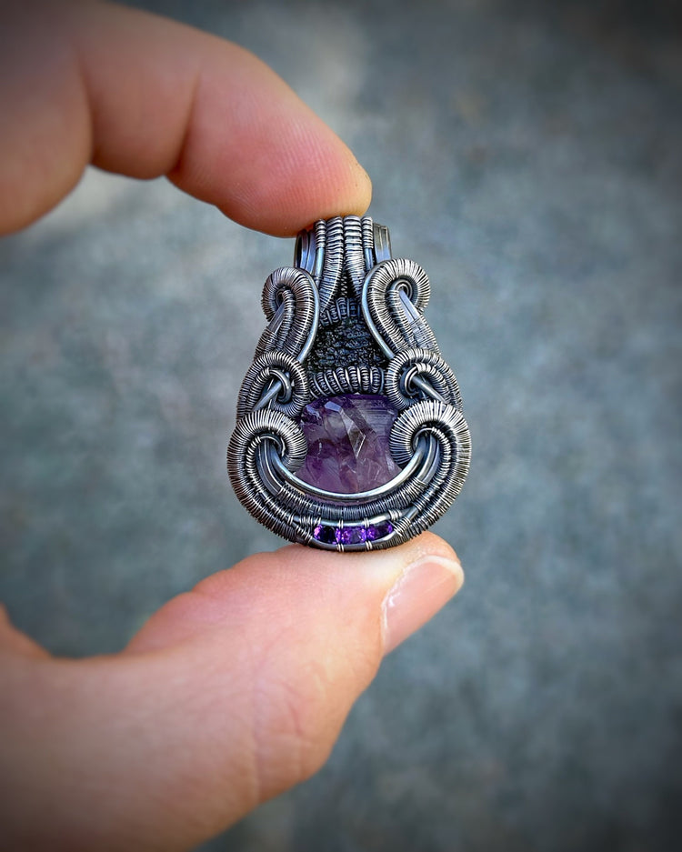 Symmetrical Pendant // Amethyst // Moldavite // Wire Wrap // Festival Jewelry // Sexy // Handmade Wire Art // Elegant