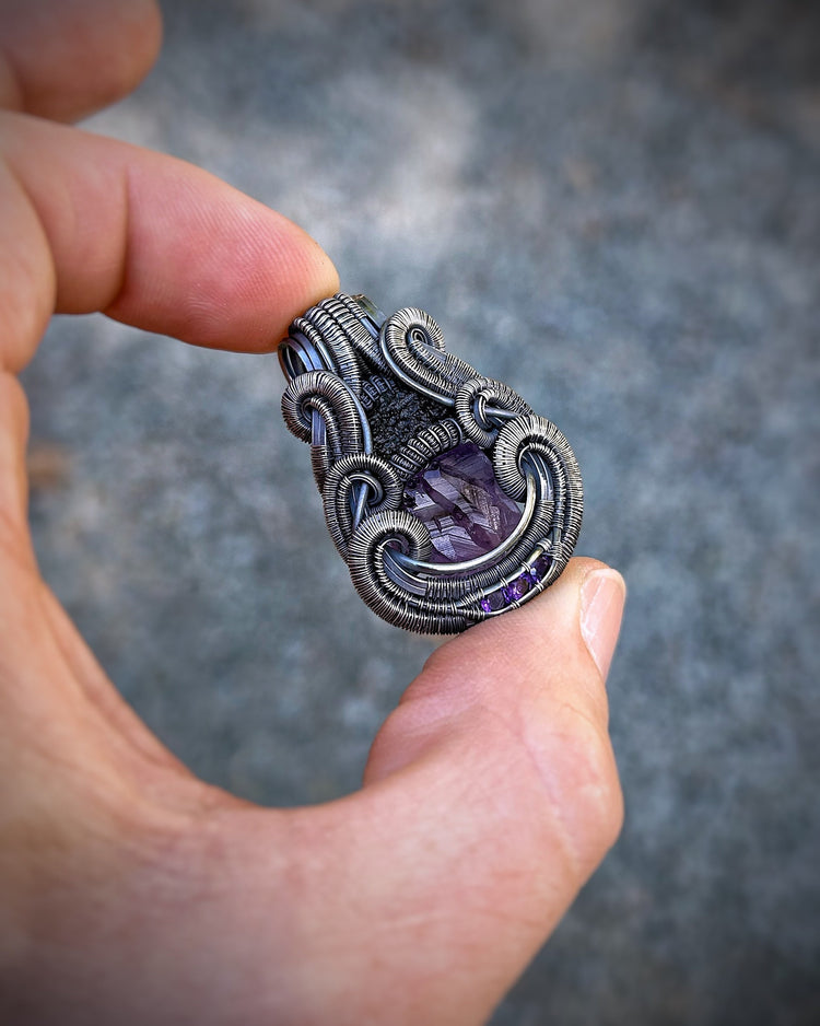 Symmetrical Pendant // Amethyst // Moldavite // Wire Wrap // Festival Jewelry // Sexy // Handmade Wire Art // Elegant