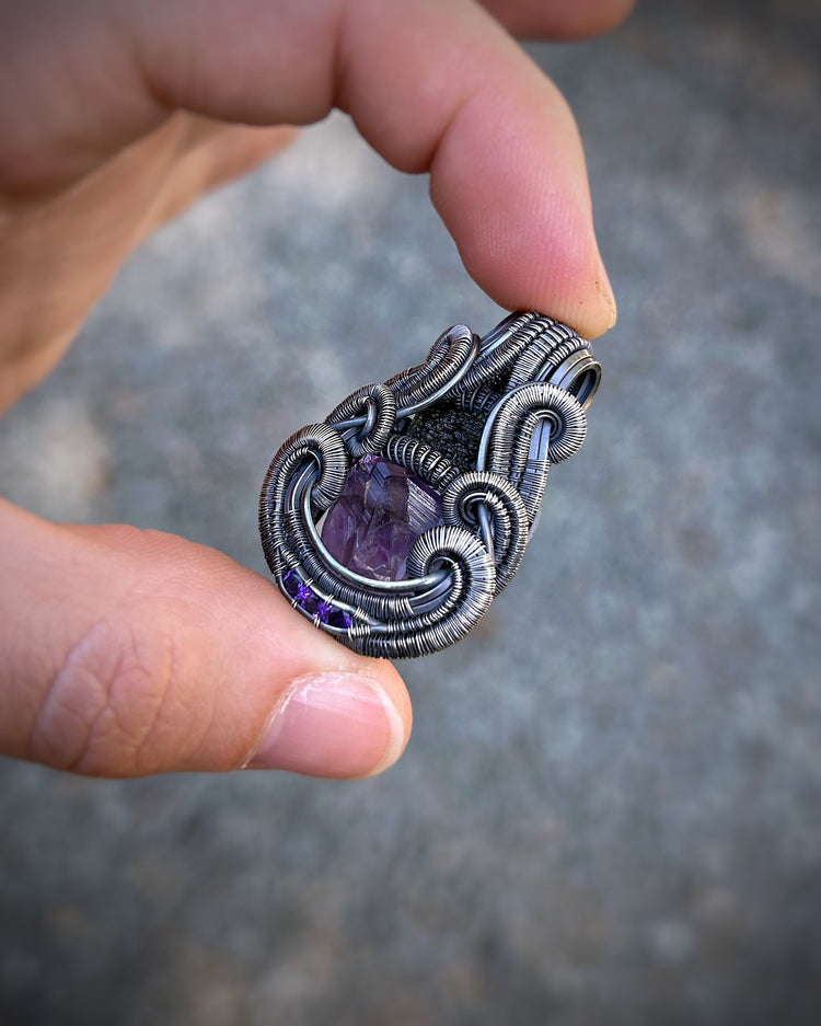 Symmetrical Pendant // Amethyst // Moldavite // Wire Wrap // Festival Jewelry // Sexy // Handmade Wire Art // Elegant