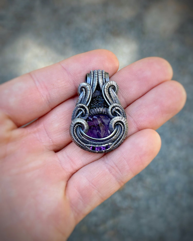 Symmetrical Pendant // Amethyst // Moldavite // Wire Wrap // Festival Jewelry // Sexy // Handmade Wire Art // Elegant