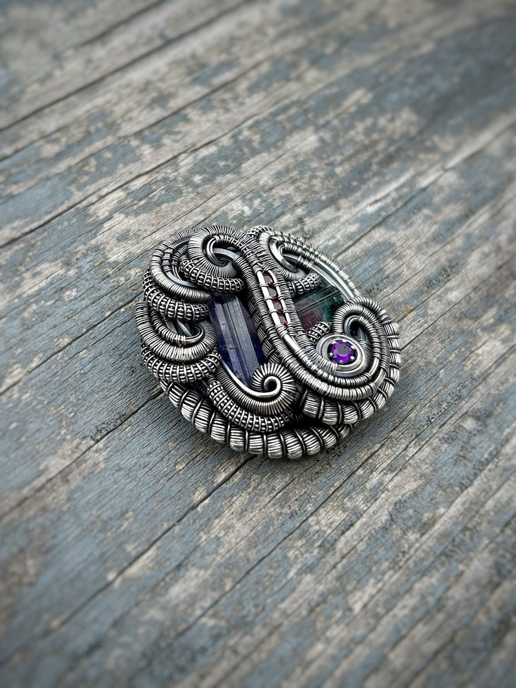 Circular Flow Amulet // Wire Wrapped Pendant // Organic // Tanzanite // Tourmaline // Festival Jewelry // Handmade Wire Art // Silver
