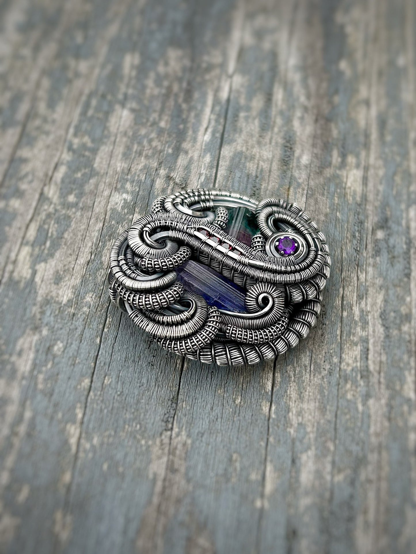Circular Flow Amulet // Wire Wrapped Pendant // Organic // Tanzanite // Tourmaline // Festival Jewelry // Handmade Wire Art // Silver