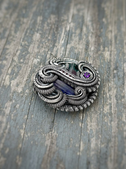 Circular Flow Amulet // Wire Wrapped Pendant // Organic // Tanzanite // Tourmaline // Festival Jewelry // Handmade Wire Art // Silver