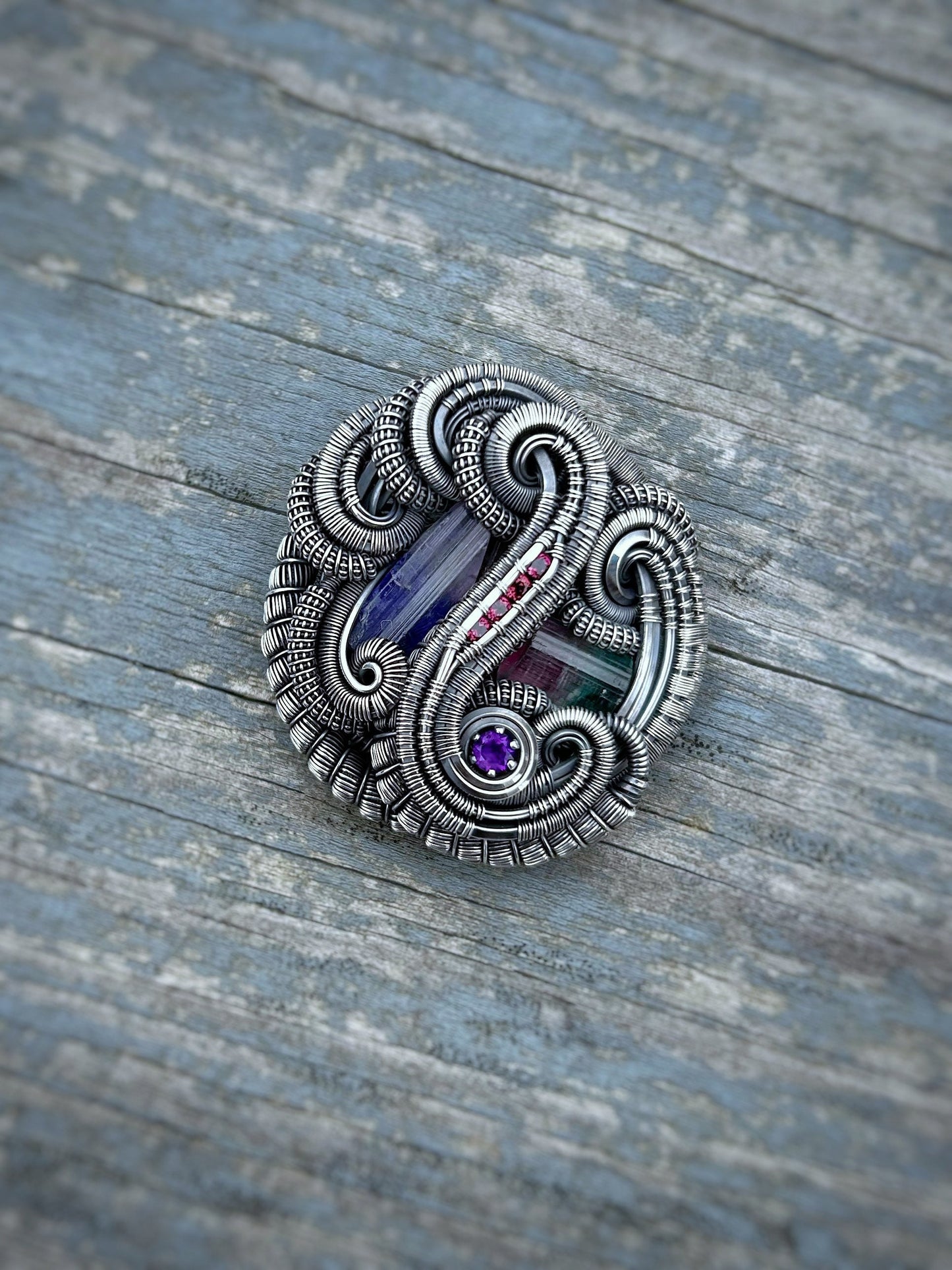 Circular Flow Amulet // Wire Wrapped Pendant // Organic // Tanzanite // Tourmaline // Festival Jewelry // Handmade Wire Art // Silver