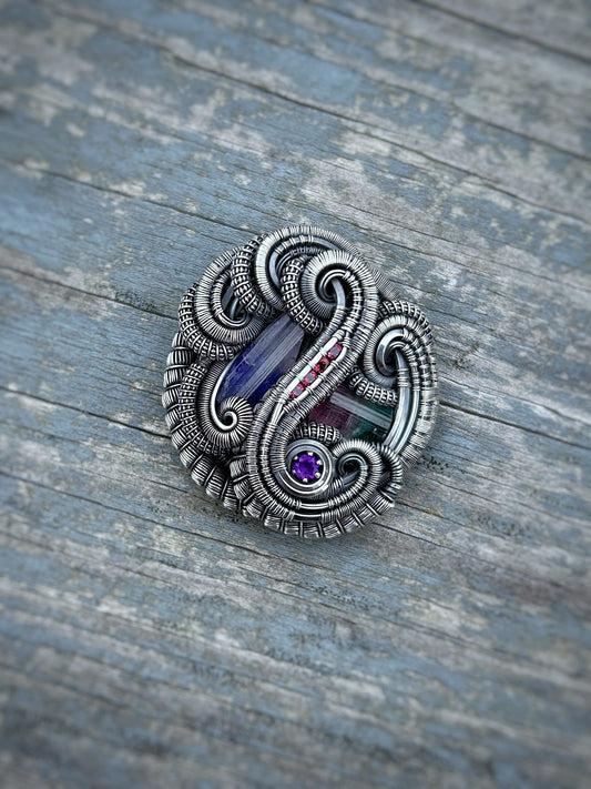 Circular Flow Amulet // Wire Wrapped Pendant // Organic // Tanzanite // Tourmaline // Festival Jewelry // Handmade Wire Art // Silver