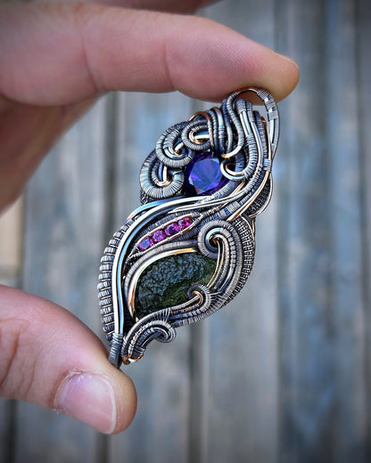 Moldavite // Amethyst // Garnet // Wire Wrapped Pendant // Festival Jewelry // Handmade // Organic Wire Flow // Oxidized Silver // Wire Art