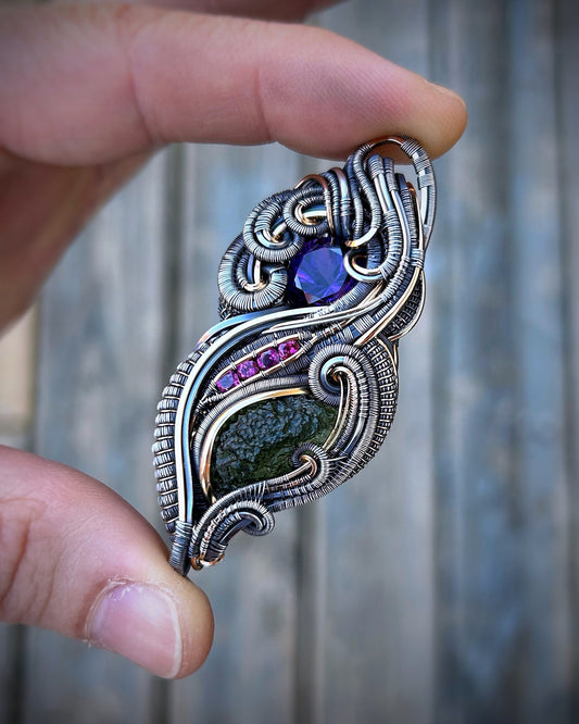 Moldavite // Amethyst // Garnet // Wire Wrapped Pendant // Festival Jewelry // Handmade // Organic Wire Flow // Oxidized Silver // Wire Art