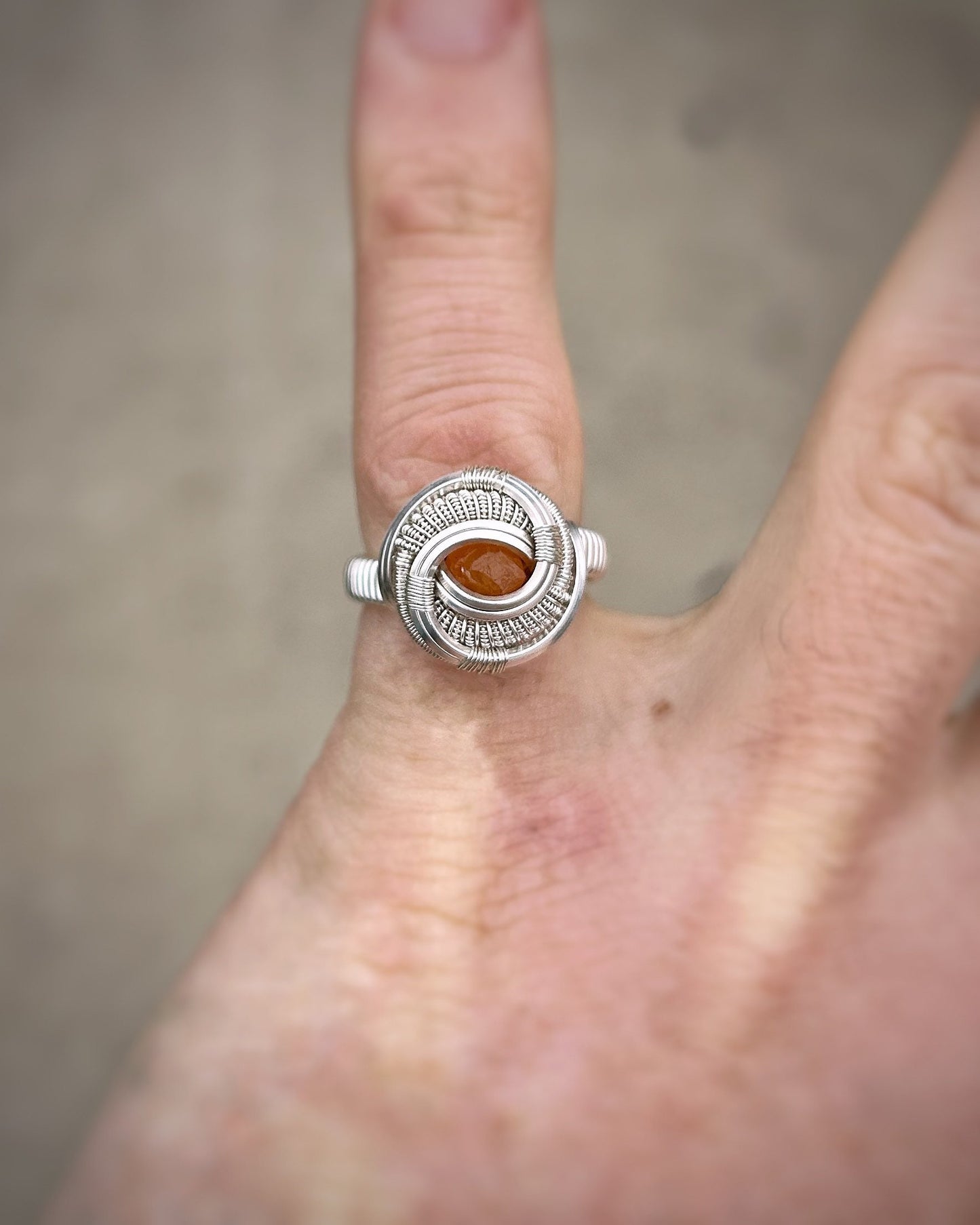 Garnet Ring // Size 5 // Sterling Silver // Spessertine Garnet // Circular // Festival Jewelry // Wire Wrapped Ring