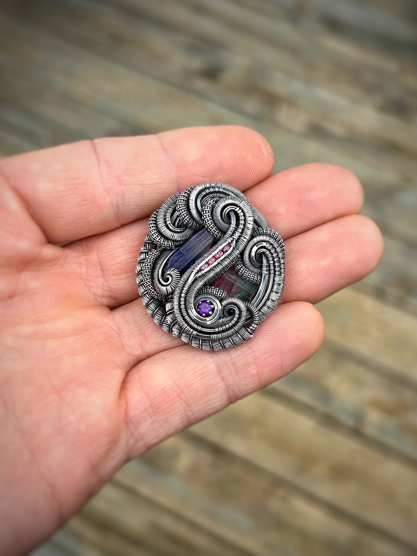 Circular Flow Amulet // Wire Wrapped Pendant // Organic // Tanzanite // Tourmaline // Festival Jewelry // Handmade Wire Art // Silver