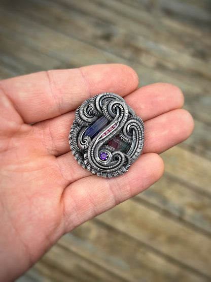 Circular Flow Amulet // Wire Wrapped Pendant // Organic // Tanzanite // Tourmaline // Festival Jewelry // Handmade Wire Art // Silver