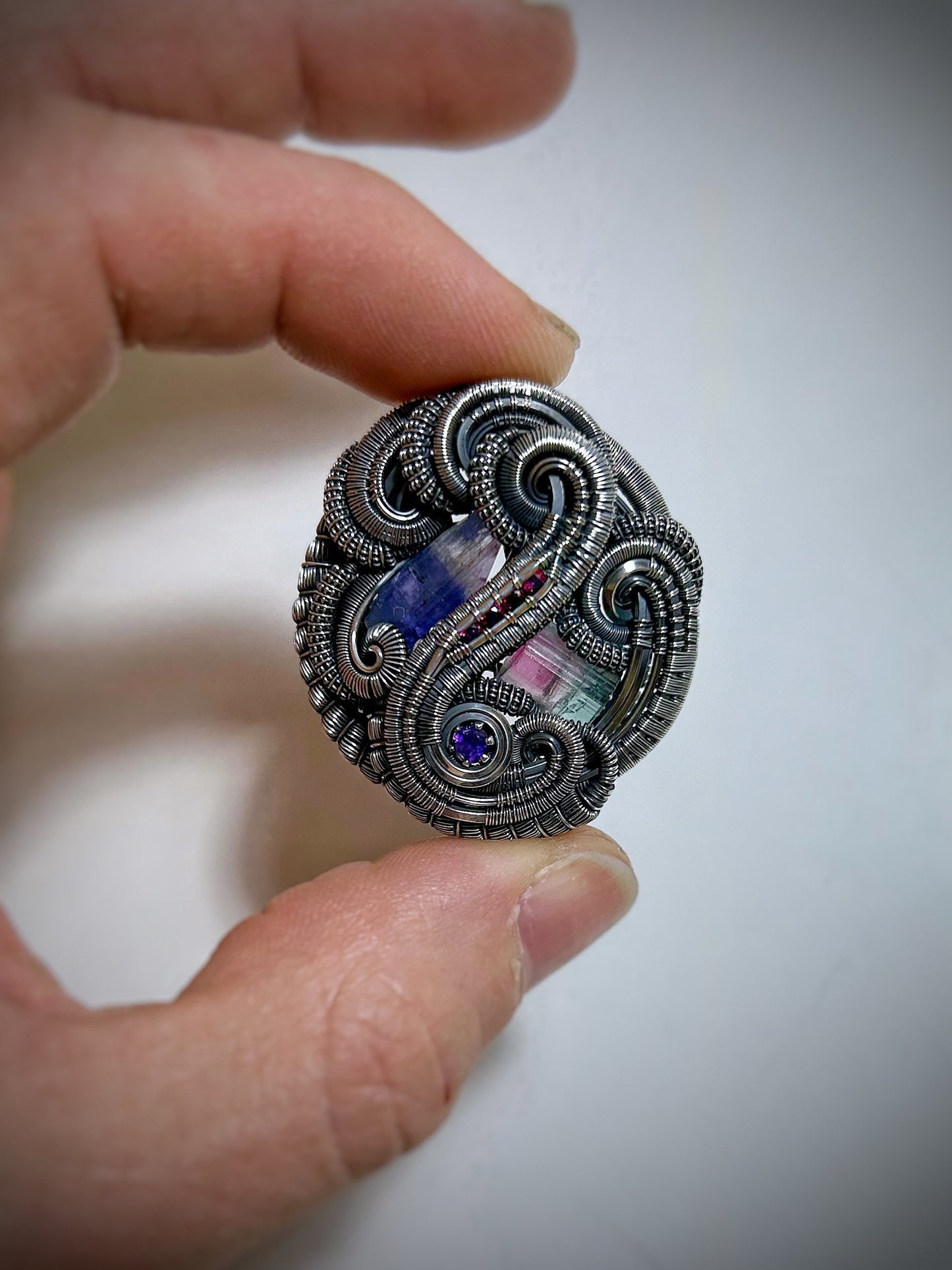 Circular Flow Amulet // Wire Wrapped Pendant // Organic // Tanzanite // Tourmaline // Festival Jewelry // Handmade Wire Art // Silver
