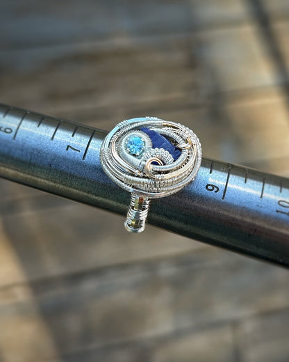 Size 8 Ring // Tanzanite // Blue Zircon // Festival Jewelry // Mixed Metals // Wire Wrapped Ring // Handmade Wire Art // Wire Flow