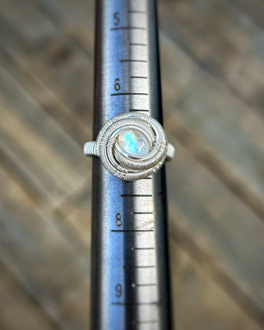 Rainbow Moonstone Ring // Size 7 // Sterling Silver // Festival Jewelry // Circular // Wire Wrapped Ring // Elegant