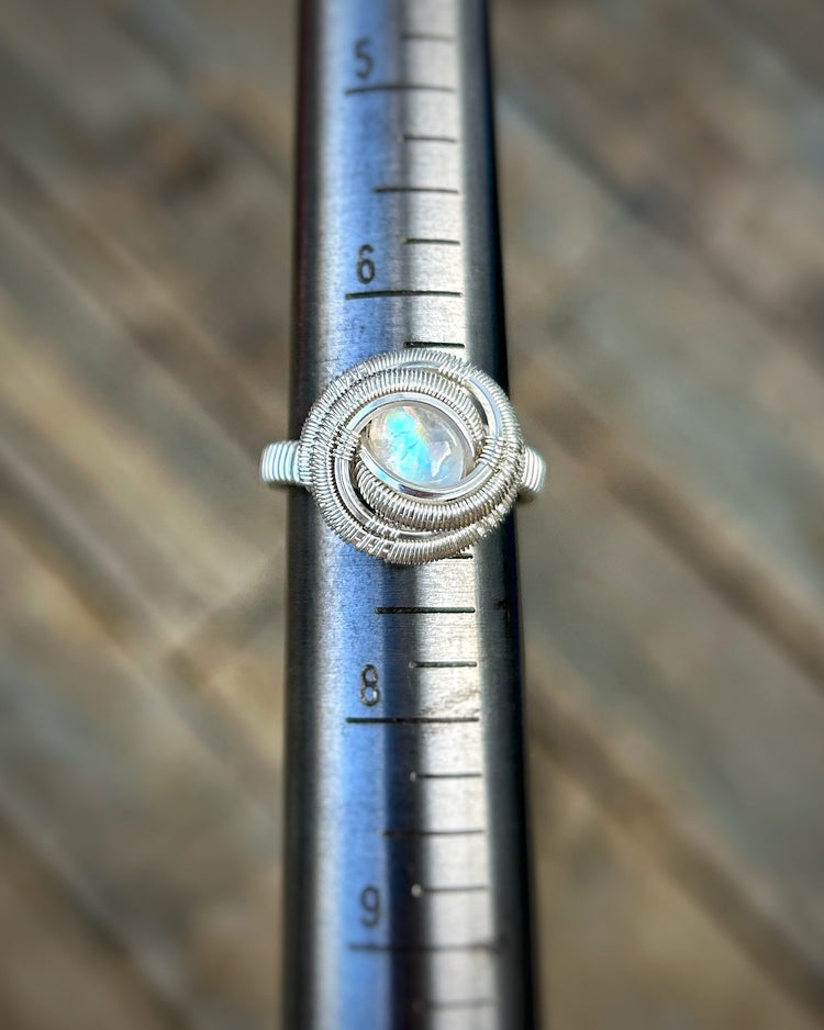 Rainbow Moonstone Ring // Size 7 // Sterling Silver // Festival Jewelry // Circular // Wire Wrapped Ring // Elegant