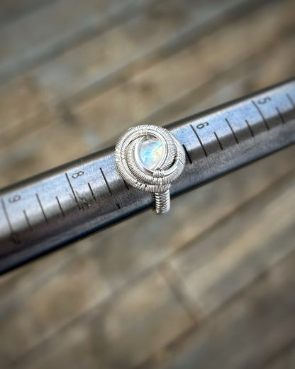 Rainbow Moonstone Ring // Size 7 // Sterling Silver // Festival Jewelry // Circular // Wire Wrapped Ring // Elegant