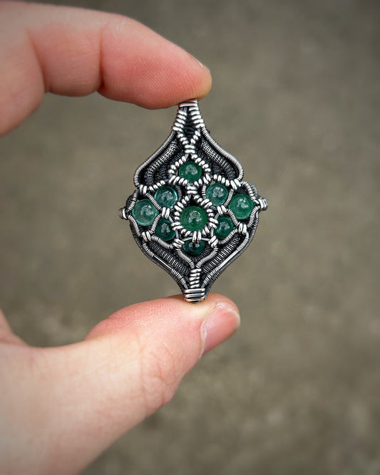 Emerald Medallion // Sacred Geometry // Pendant // Wire Wrap // Oxidized Silver // Festival Jewelry // Handmade // One of a Kind // Elegant