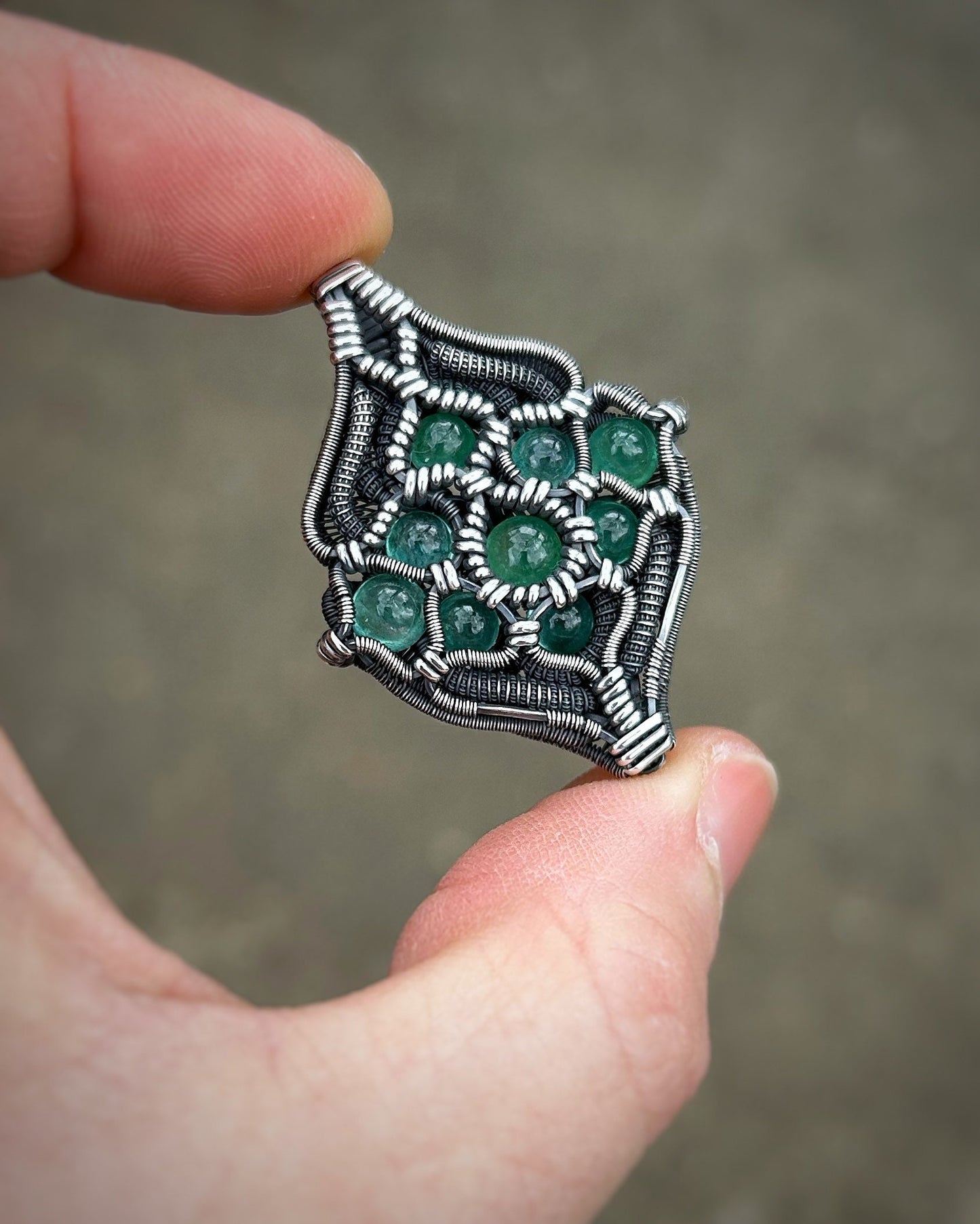 Emerald Medallion // Sacred Geometry // Pendant // Wire Wrap // Oxidized Silver // Festival Jewelry // Handmade // One of a Kind // Elegant