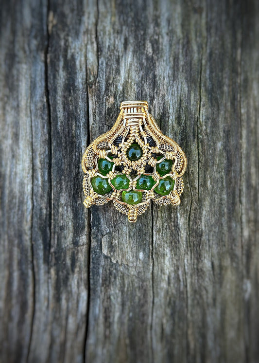 Tsavorite Garnets // Symmetrical Pendant // 14k goldfill // Festival Jewelry // Sacred Geometry // Handmade Wire Art // One of a Kind