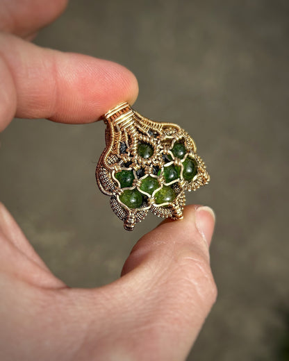 Tsavorite Garnets // Symmetrical Pendant // 14k goldfill // Festival Jewelry // Sacred Geometry // Handmade Wire Art // One of a Kind