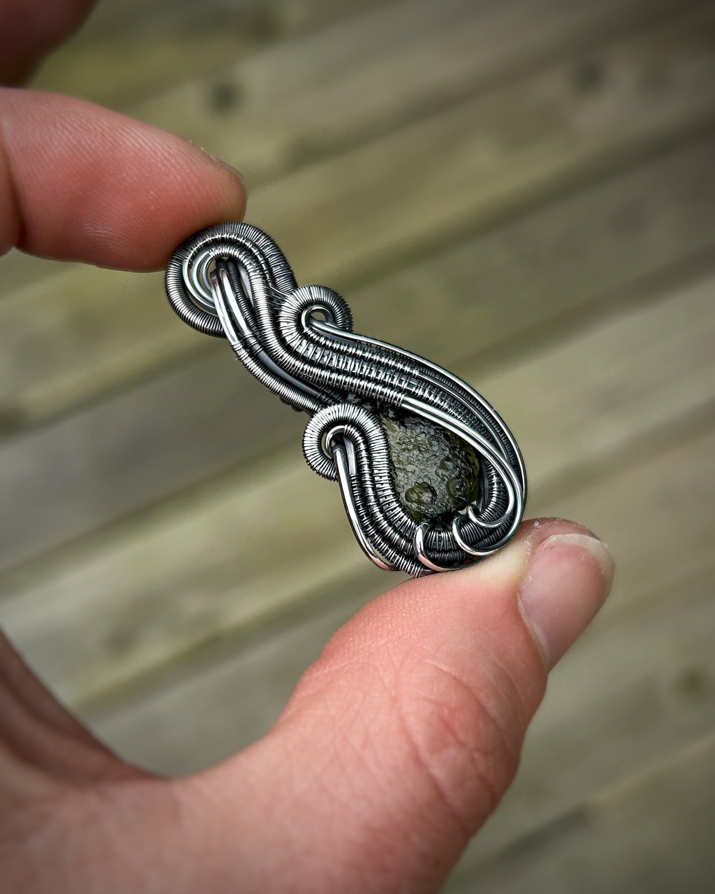 Moldavite mini pendant // Wire Wrap // Festival Jewelry // Oxidized Silver // Wire Flow // Handmade // Organic // Slender Bender // Sexy