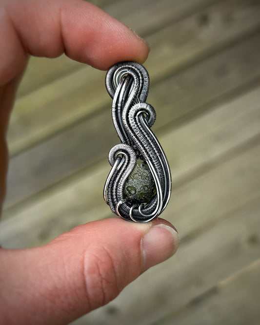 Moldavite mini pendant // Wire Wrap // Festival Jewelry // Oxidized Silver // Wire Flow // Handmade // Organic // Slender Bender // Sexy